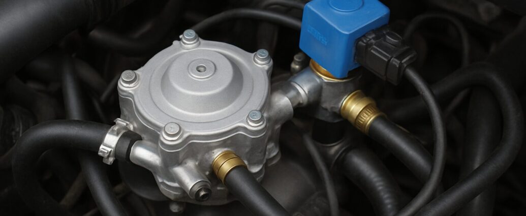 A close-up of an LPG converter in an engine with black hoses and a blue component