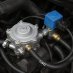 A close-up of an LPG converter in an engine with black hoses and a blue component