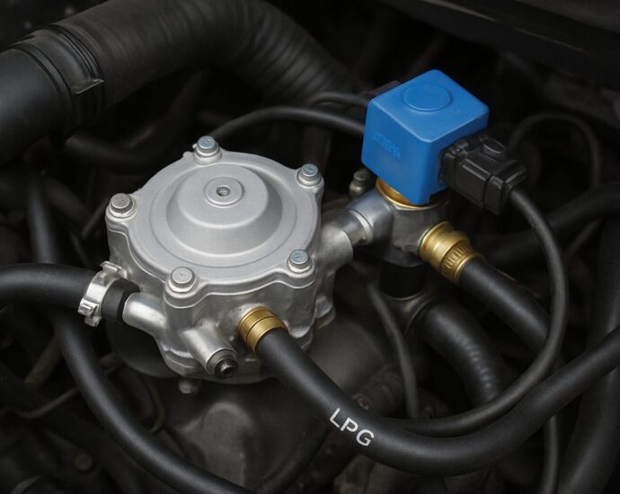 A close-up of an LPG converter in an engine with black hoses and a blue component